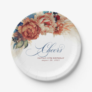 Cheers Navy Blue Terracotta Floral Pampas Grass Paper Plates