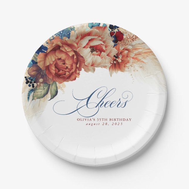 Cheers Navy Blue Terracotta Floral Pampas Grass Paper Plates (Front)