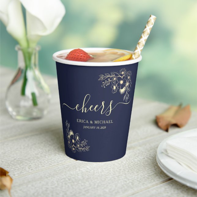 Cheers Navy Blue Wedding Paper Cups (Insitu)