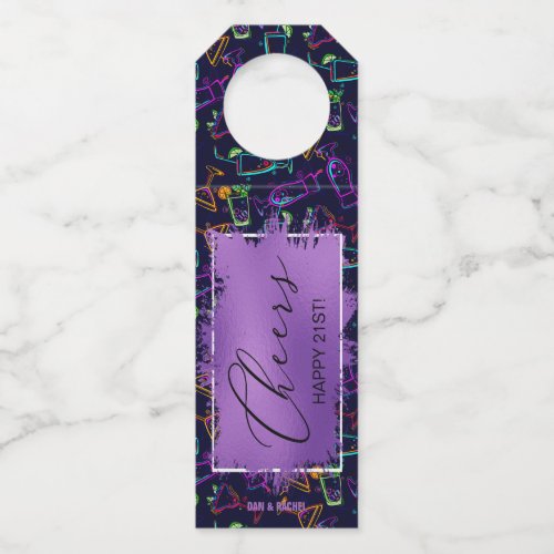 CHEERS Neon Cocktails 21st Birthday Bottle Hanger Tag