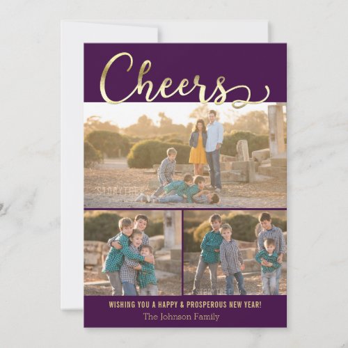Cheers New Year Purple Gold Holiday Photo Card