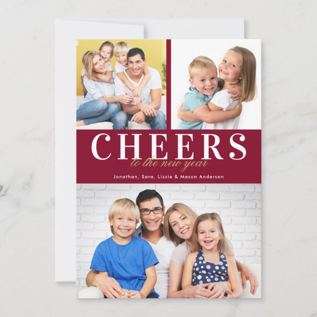 Cheers New Year Red and Gold Typography 3 Photos Holiday Card (Front)