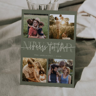 CHEERS New Year Sage Green Photo Grid Holiday Card
