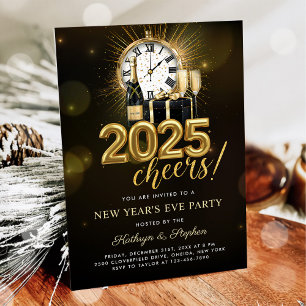 Cheers New Years Eve Party 2025 Gold Champagne Invitation