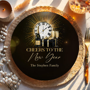 Cheers New Years Eve Party 2025 Gold Champagne Paper Plates