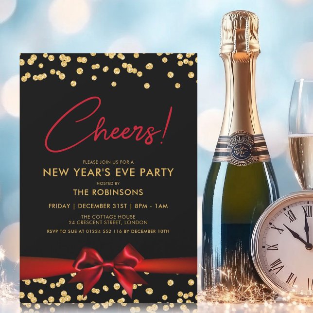 CHEERS! New Years Eve Party Gold Confetti Red Bow Invitation (CHEERS! New Years Eve Party Gold Confetti Red Bow Invitation)