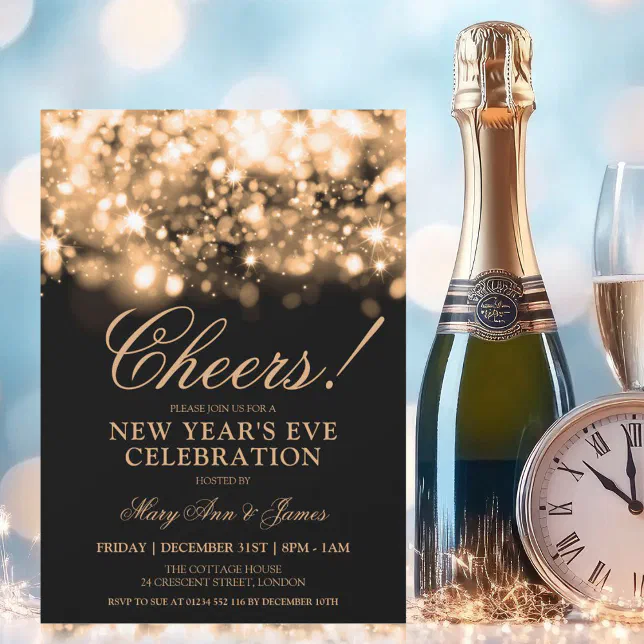 CHEERS! New Years Eve Party Gold Sparkle Lights Invitation | Zazzle