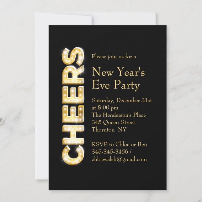 Cheers New Year's Eve Party Invitation in Black (Front)
