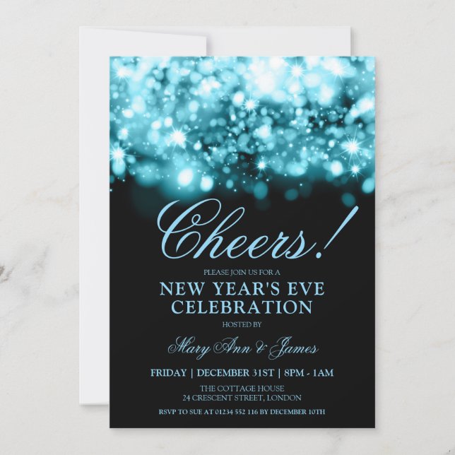 CHEERS! New Years Eve Turquoise Sparkle Lights Invitation (Front)