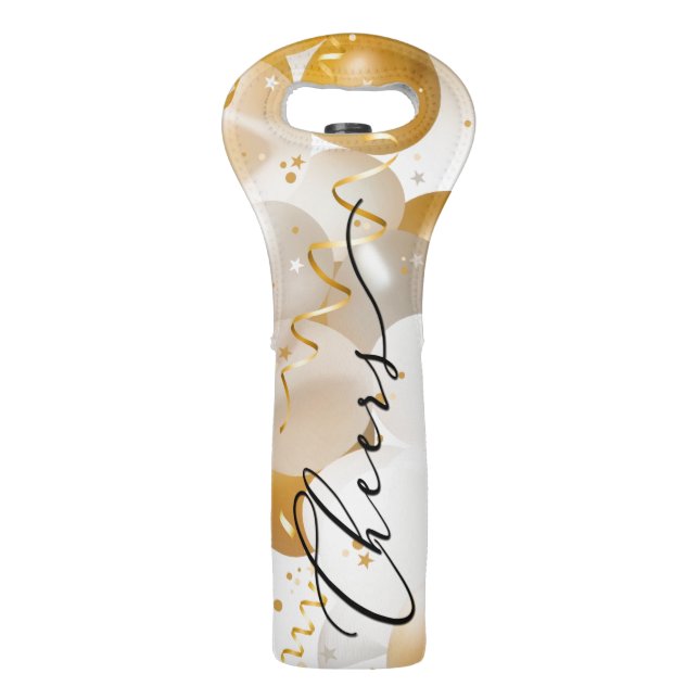 CHEERS on Gold and White Balloons Streamers Wine Bag (Front)