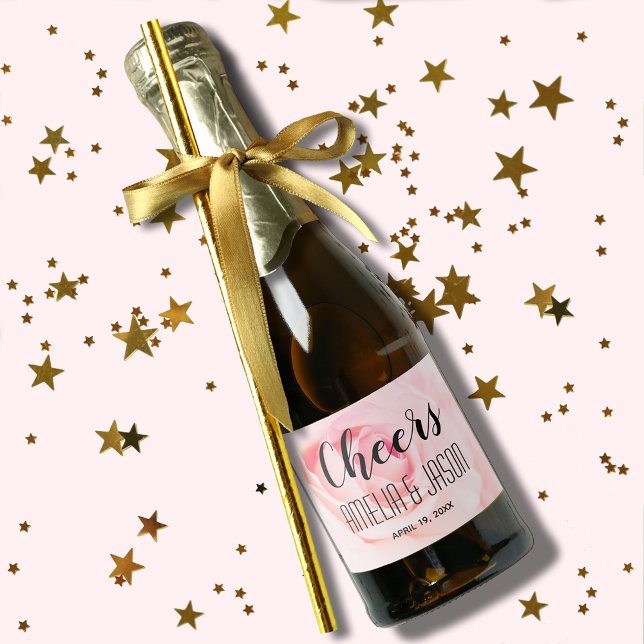Cheers on Pale Pink Blooming Rose Wedding Mini Sparkling Wine Label (Cheers on pale pink blooming rose mini champagne bottle labels, give as favor or for you to serve)
