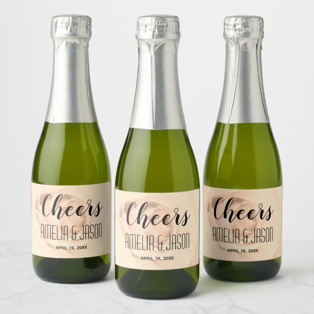 Cheers on Sepia Tone Blooming Rose Blossom Wedding Sparkling Wine Label (Bottles)