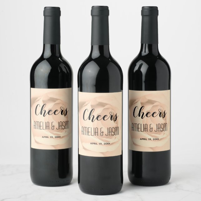 Cheers on Sepia Tone Rose Blossom Wedding Wine Label (Bottles)