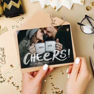 Cheers one photo watercolor happy new year holiday card