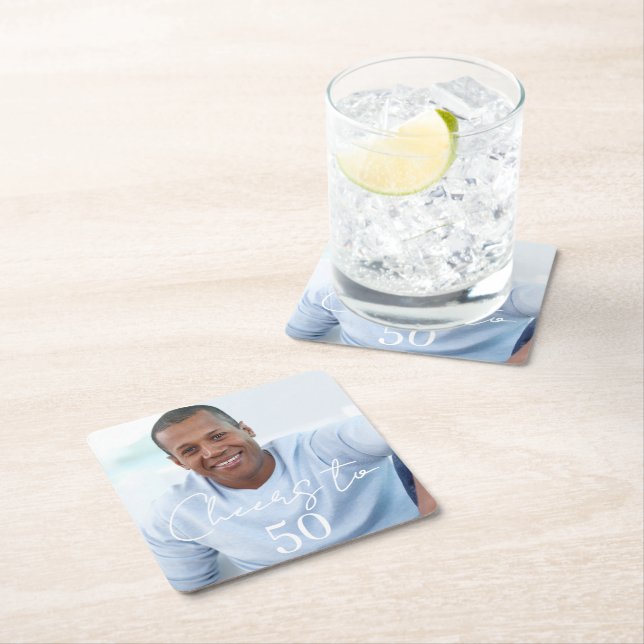 Cheers photo birthday party square paper coaster (Insitu)