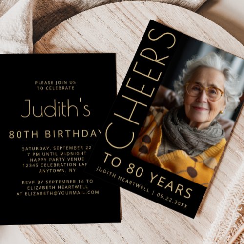 Cheers Photo Black Gold 80th Birthday Party Invitation