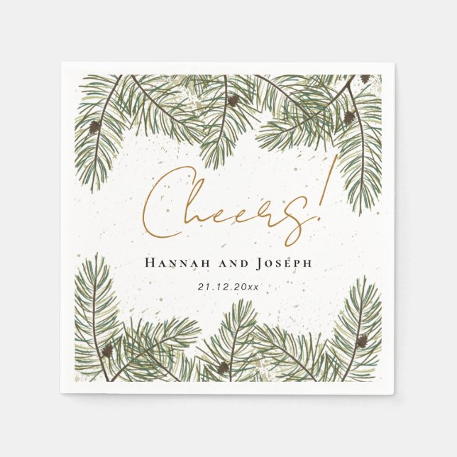 Cheers Pine & Gold Christmas Festive Wedding Napkins (Front)