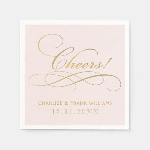 Cheers Pink and Gold Calligraphy Custom Wedding Paper Napkins