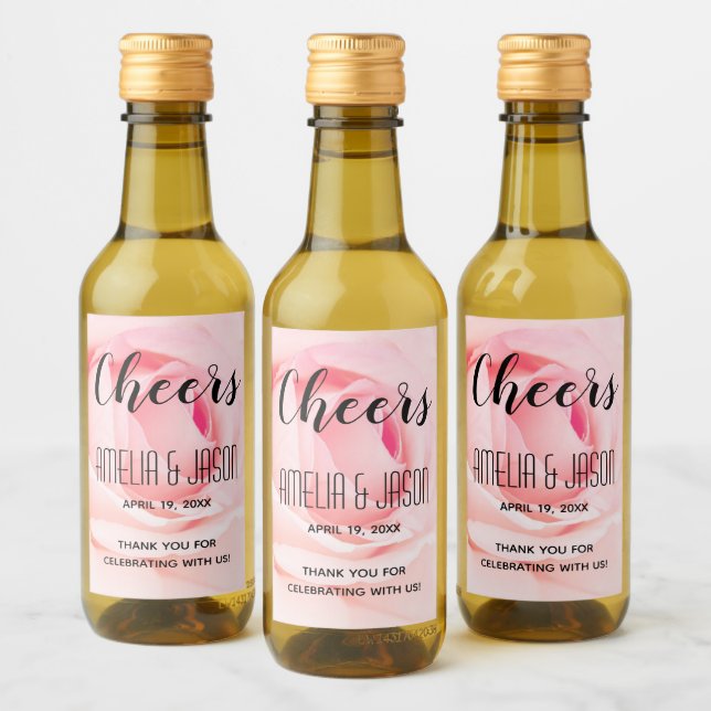 Cheers | Pink Blooming Rose Floral Wedding Mini Wine Label (Bottles)
