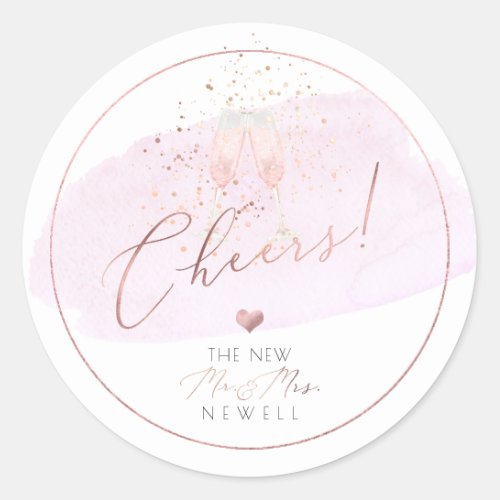 Cheers Pink Champagne Glasses Bubbles  Watercolor Classic Round Sticker