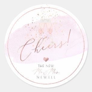 Cheers Pink Champagne Glasses Bubbles Watercolor Classic Round Sticker