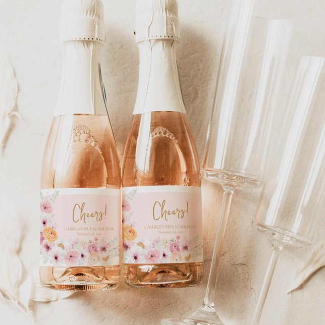 Cheers Pink Floral Bridal Shower Sparkling Wine Label (Elegant Pink floral Cheers Mini Champagne label )