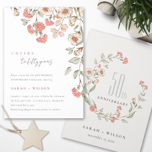 Cheers Pink Flowers Wreath 50th Anniversary Invite