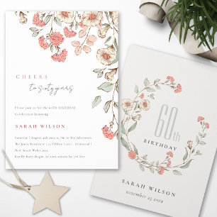 Cheers Pink Flowers Wreath 60th Birthday Invite