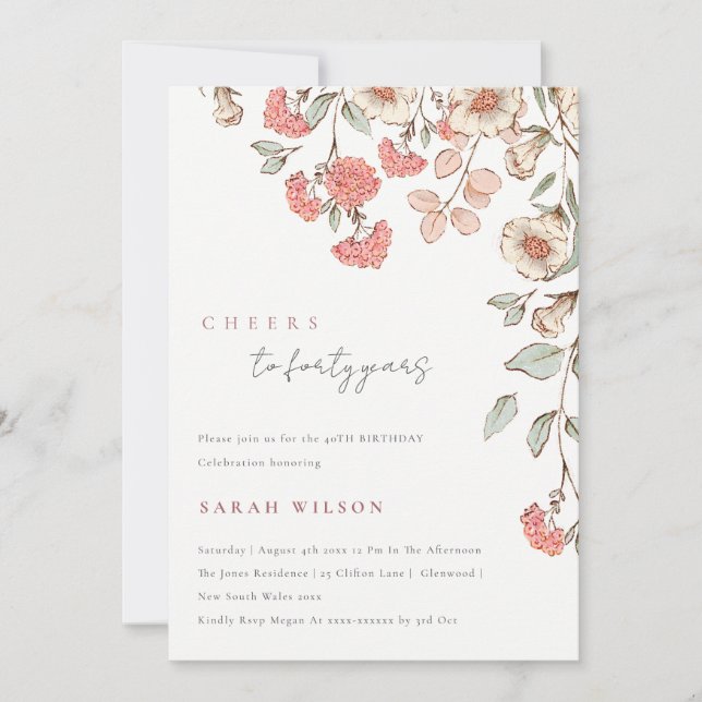 Cheers Pink Flowers Wreath Any Age Birthday Invite (Front)