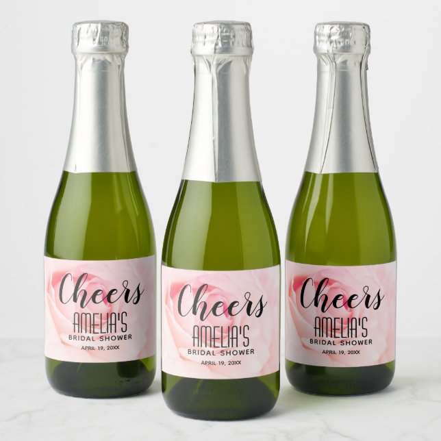 Cheers Pink Rose Bridal Shower Mini Sparkling Wine Label (Bottles)