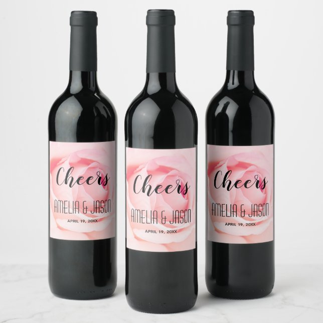 Cheers Pink Rose Wedding Wine Label (Bottles)