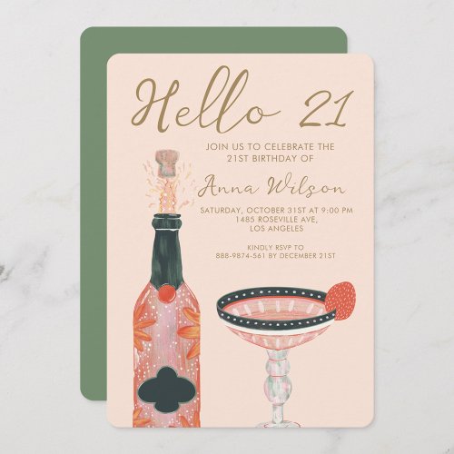 Cheers Pink Strawberry and Blush Hello 21 Birthday Invitation