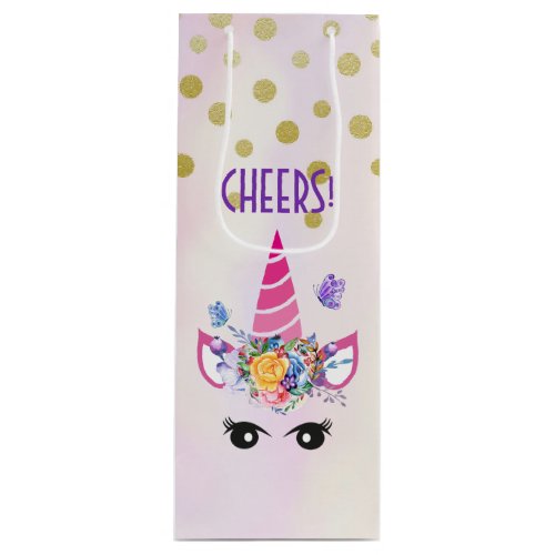 Cheers Pink Unicorm with Faux Gold Confetti Wine Gift Bag