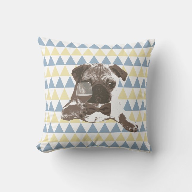 Cheers Pug with a Glass of Wine Triangle Patterns Throw Pillow (Front)