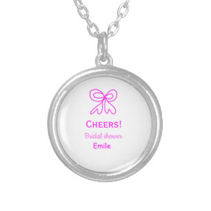 Cheers purple pink bow bridal shower add name  silver plated necklace