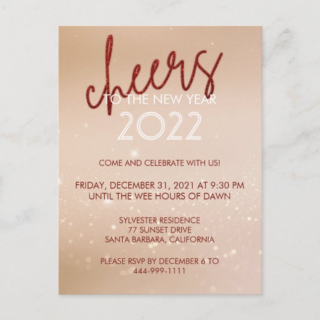 Cheers Red Glitter New Year Party Invitation (Front)