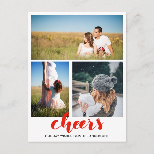 Cheers Red Handwritten Holiday Script Three Photos (Front)