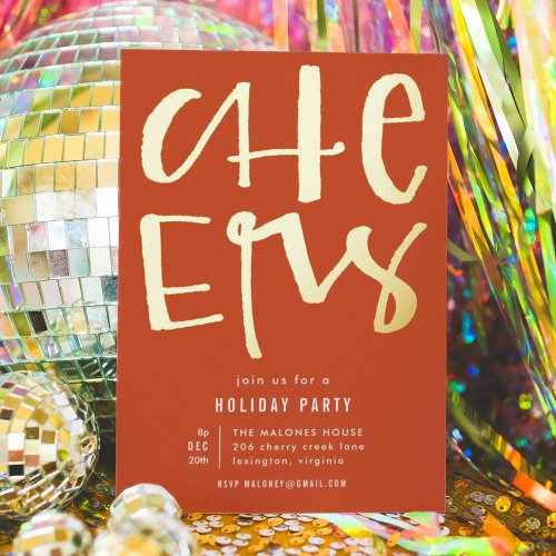 Cheers Red Holiday Party Gold Foil Invitation