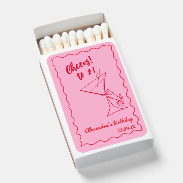 Cheers Red Pink 21st Birthday Favor Matches (Front Open)