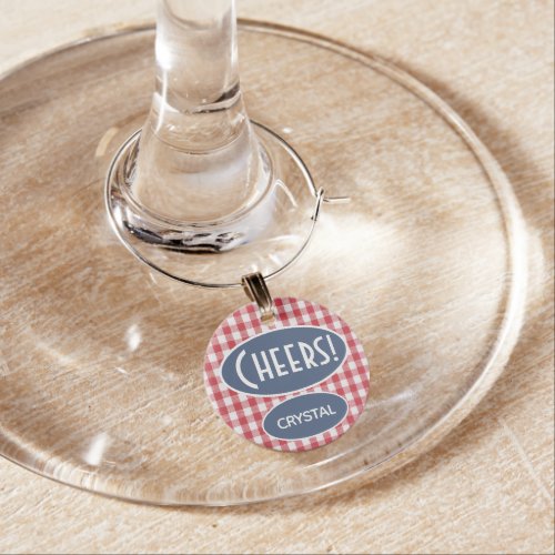 Cheers Red White Plaid Name on Blue Denim Oval Wine Charm
