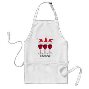 CHEERS! RED WINE AND CHRISTMAS HATS PRINT ADULT APRON