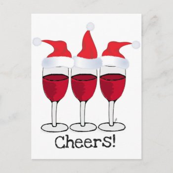 Cheers! Red Wine And Christmas Hats Print Holiday Postcard by CreativeContribution at Zazzle
