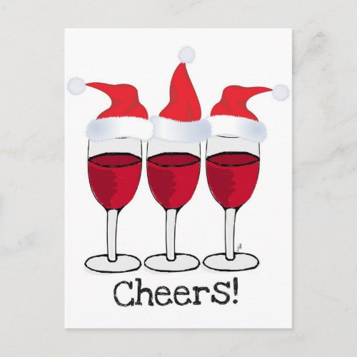 CHEERS RED WINE AND CHRISTMAS HATS PRINT HOLIDAY POSTCARD