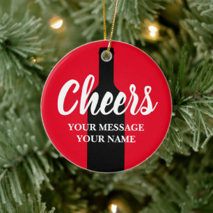 Cheers red wine bottle silhouette Christmas Ceramic Ornament