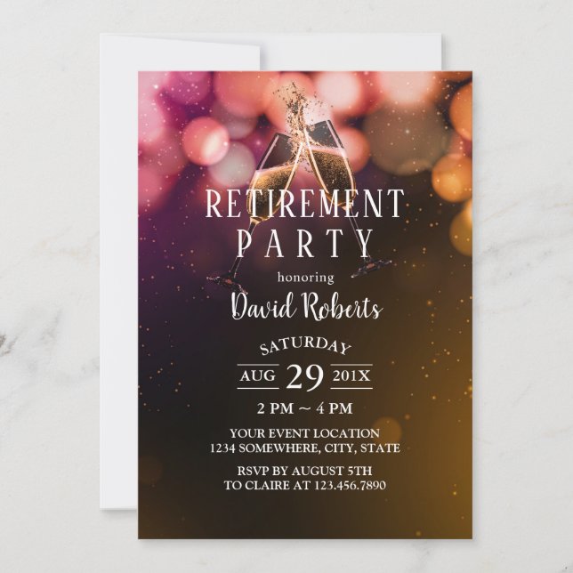 Cheers Retirement Champagne Toast Bokeh Lights Invitation (Front)