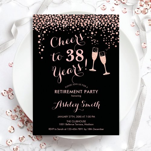 Cheers Retirement Party _ Black Rose Gold  Invitation