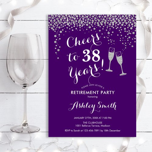  Cheers Retirement Party Invitation Purple Silver