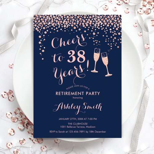 Cheers Retirement Party _ Navy Rose Gold Invitation