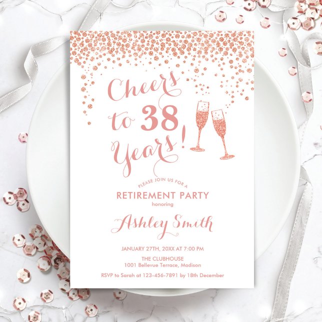 Cheers Retirement Party - White Rose Gold Invitation (Creator Uploaded)