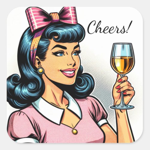 Cheers Retro Lady with Glass of Wine Square Sticker